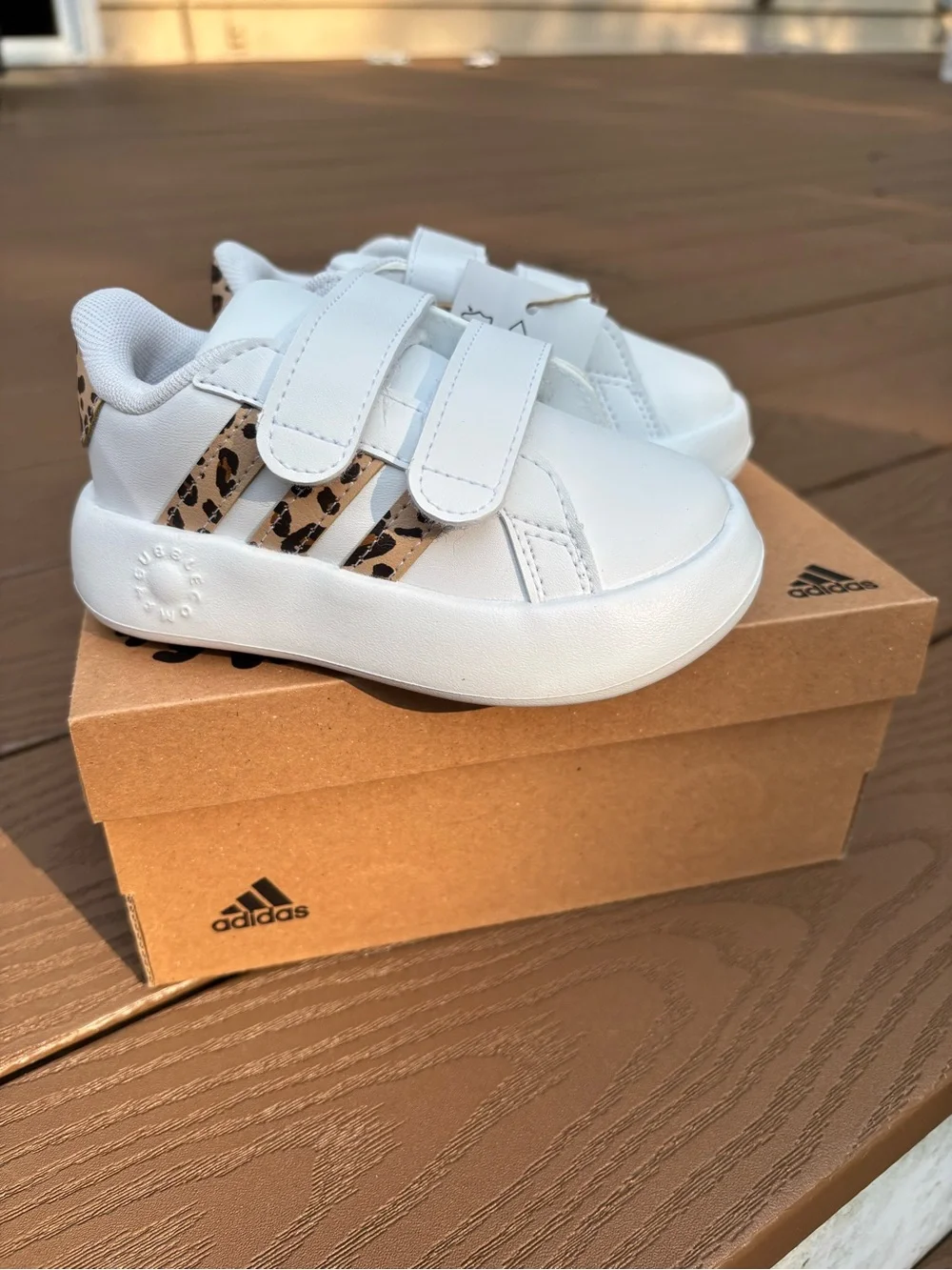 adidas White Kids Sneakers with Leopard-Print Stripes